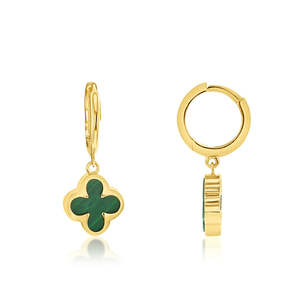 Earrings: 9k Yellow Gold Malachite Clover Hoop Earrings