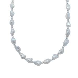 Gemstone Jewellery: Sterling Silver Keshi Pearl & Silver Beads Necklace