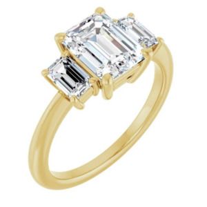 Engagement Rings: 10k Yellow Gold 'Athena' Emerald Cut Moissanite Trilogy Ring