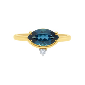 Topaz: 9k Yellow Gold Marquise London Blue Topaz & Diamond Ring