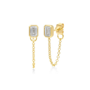 Elevate A Touch Of Glamour: 9k Yellow Gold Emerald Cut Bezel Lab Diamond Chain Stud Earrings