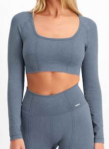 Crop Tops: Washed Denim Seamless Cropped Long Sleeve