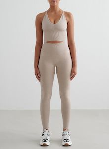 Sports Bras: Beige Melange Shape Seamless Tights & Cross Back Bralette Set