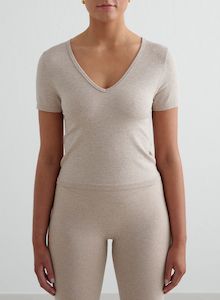T Shirts: Beige Melange Shape Seamless Short Sleeve