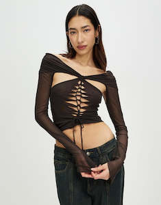 Tops: Bianca Macrame Off Shoulder Mesh Top