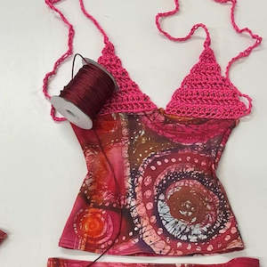ELLA MIA Satin Crochet Top- Pink Celtic Batik (S)