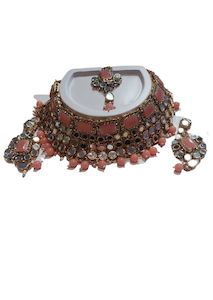 Jewellery: Peach Color With Mirror Work Necklace Set