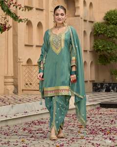 Embroidered Art Silk Punjabi Suit in Teal Green