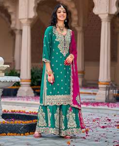 Embroidered Chinon Silk Pakistani Suit in Teal Green