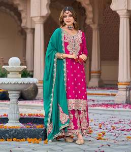 Embroidered Chinon Silk Pakistani Suit in Rani Pink