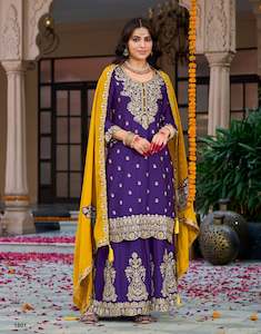 Embroidered Chinon Silk Pakistani Suit in Purple