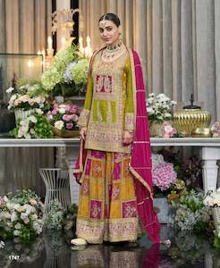 Salwar Kameez: Embroidered Multi Colour Chinon Sharara Suit