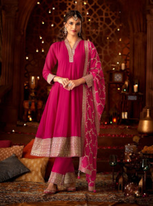 Salwar Kameez: Pink Embellished Georgette Anarkali Set