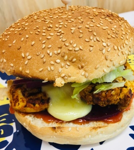 Products: Cheesy Chicken Burger & chips