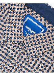 Shirts - Long Sleeve Casual: Rembrandt Ohope Navy and Orange Rattan Print Long Sleeve Shirt