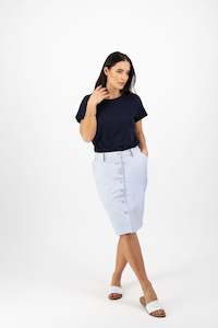 Vassalli: Vassalli Knee Length Skirt With Contrast Buttons And Trim Blue Stripe
