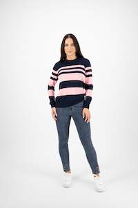 Vassalli Merino: Vassalli Pink Stripe Round Neck Knit Sweater