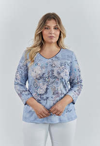 Bagoraz: Bagoraz Blue Multi V Neck Long Sleeve Top