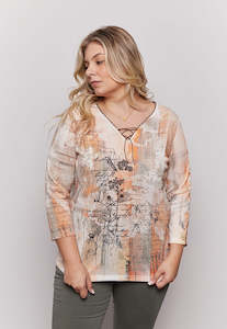 Bagoraz: Bagoraz Beige Multi V Neck Top with Tie and Long Sleeve Shirt