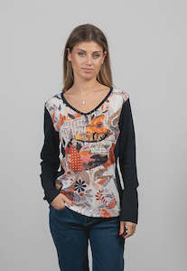 Kalisson: Kalisson Navy and Orange V Neck Long Sleeve Top