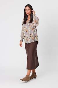 Blackstone: Blackstone Grey V Neck with Soft Shirred Cuff Long Sleeve Top