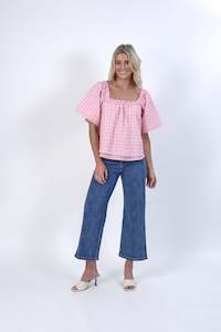 Knewe Aw23: Knewe Pink Check Parade Square Neck Short Sleeve Top