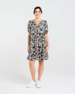 Ladies Dresses Skirts: Blackstone Aubrey Tie Neck S/Sleeve Dress-Vintage Rose Pink