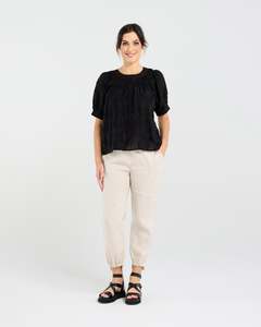 Blackstone: Blackstone Gathered Yoke S/Sleeve Top-Black Jacquard