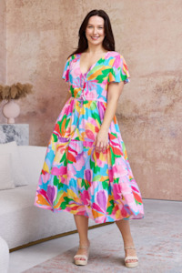 Boho Australia: Hibiscus Hues Midi Dress - Pink/Blue Floral