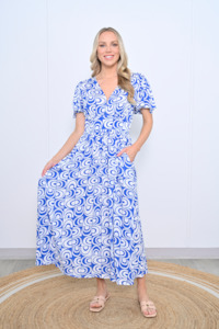Vee Neck Dress With Pockets - Blue