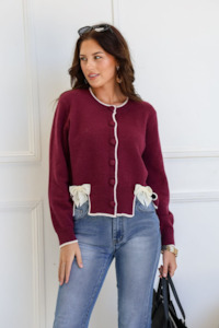 Cardigans: Bow Trim Cardigan - Berry
