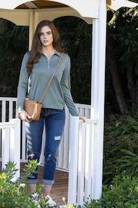 Shirts: 100% Merino Half Zip Polo Top - Sage