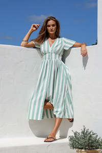 Stripe Button Front Dress - Sage/White