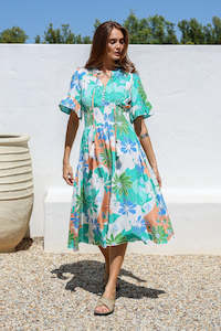 Shirred Waist Button Detail Dress - Blue/Green