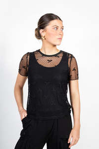 Tops: Bow Mesh Top - Black