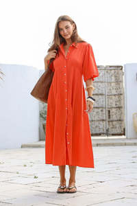 Pintuck Shirt Dress - Orange