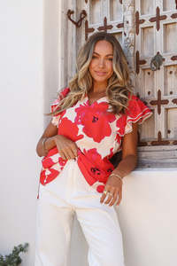 Poppy Fusion Lace Trim Top - Red White