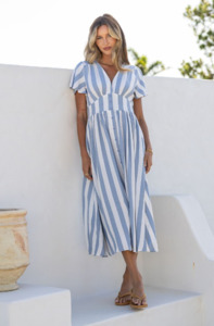 Stripe Button Front Dress - Blue/White