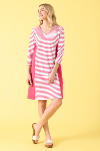 Wainui Dress - Raspberry/White Stripe
