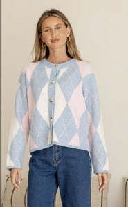 Cardigans: Argyle Cardigan - Powder Blue/Blush/White