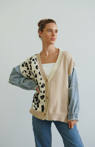 Cardigans: Malani Cardigan - Denim/Leopard