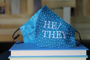 Pronoun Mask: He/They Blue