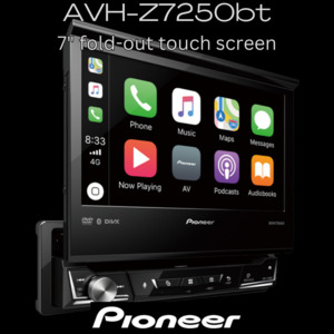 Head Unit: Pioneer AVH-Z7250bt fold-out CarPlay/AndroidAuto (via USB) with DVD/CD