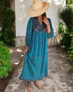 Vintage Sari Collection: Sundance Revival Dress - turquoise with navy blue and light blue paisley with sequins