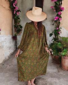 Vintage Sari Collection: Sundance Revival Dress - olive green with red and gold paisley