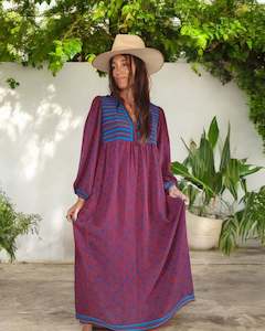 Vintage Sari Collection: Sundance Revival Dress - deep red with blue floral