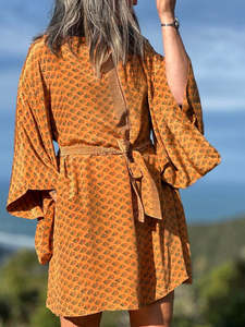 Vintage Sari Collection: Kitekite Kimono Dress - Saffron Dune (M/L) Vintage Crepe Silk Sari