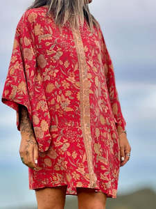 Vintage Sari Collection: Kitekite Kimono Dress - Crimson Dusk (S/M) Vintage Crepe Silk Sari