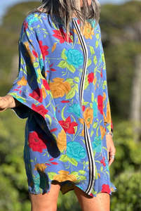 Vintage Sari Collection: Kitekite Kimono Dress - Blue Meadow (M/L) Vintage Crepe Silk Sari