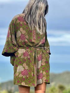 Vintage Sari Collection: Kitekite Kimono Dress - Rose Garden (S/M) Vintage Crepe Silk Sari